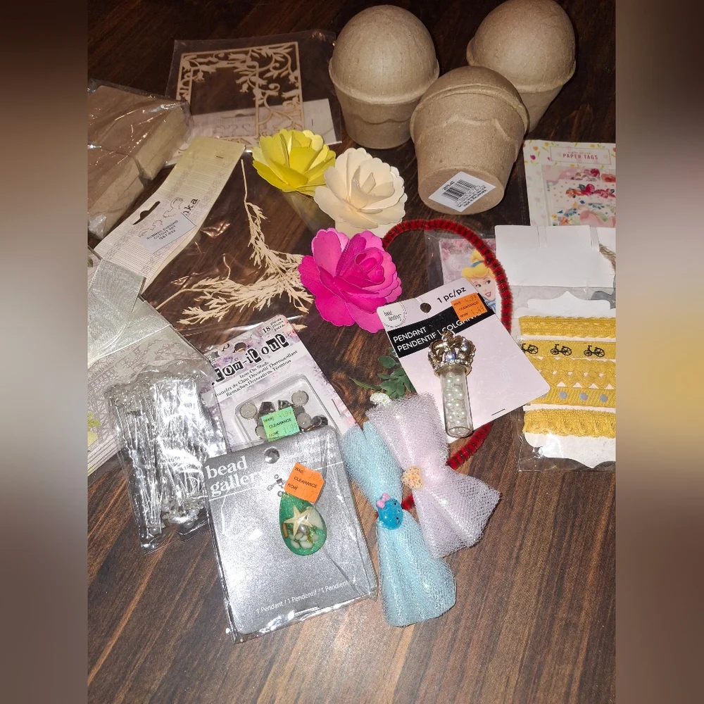 Craft Supplies Wooden Art Mixed Media  Fowers Ribbon Chipboard Jewelry Tags Box